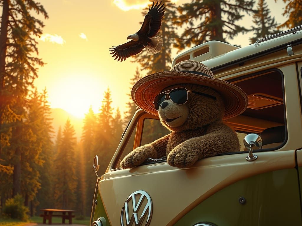 Teddy in his VW camper van  by @zoshart