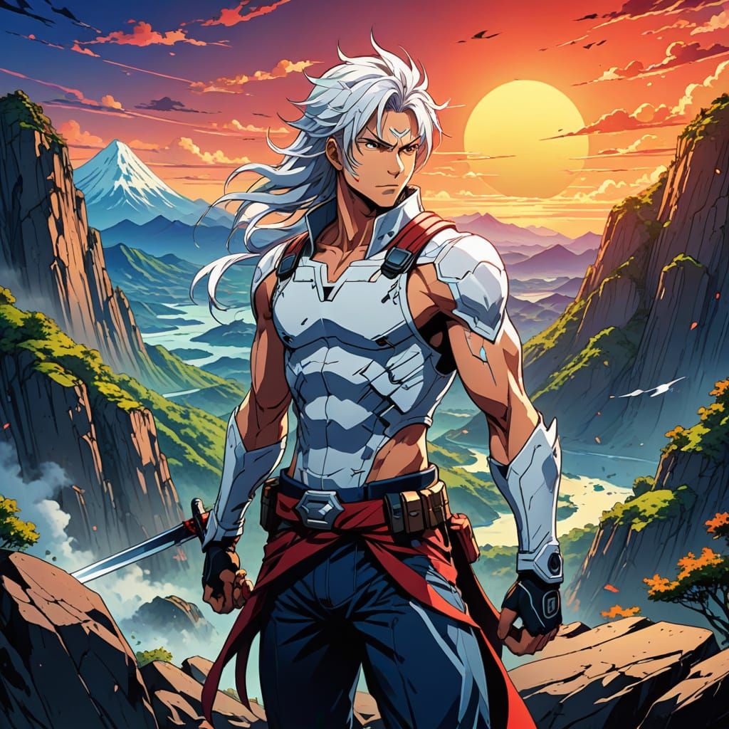 Energetic Warrior Stands Tall in Dramatic Anime Landscape