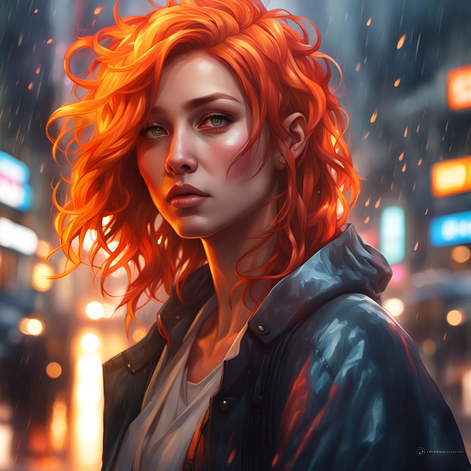 Young woman, firey hair, Tokyo street, rain head and shoulders portrait ...