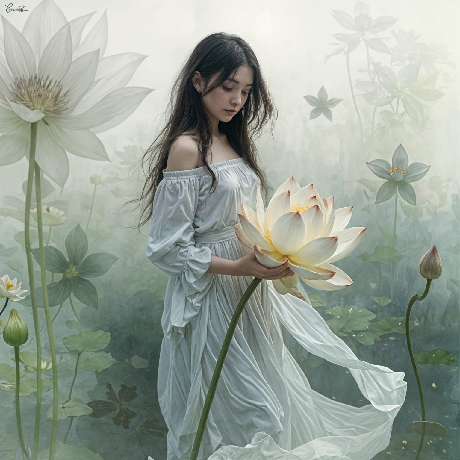 A young woman holding a large white lotus by it's long stem,   by @Tilted25