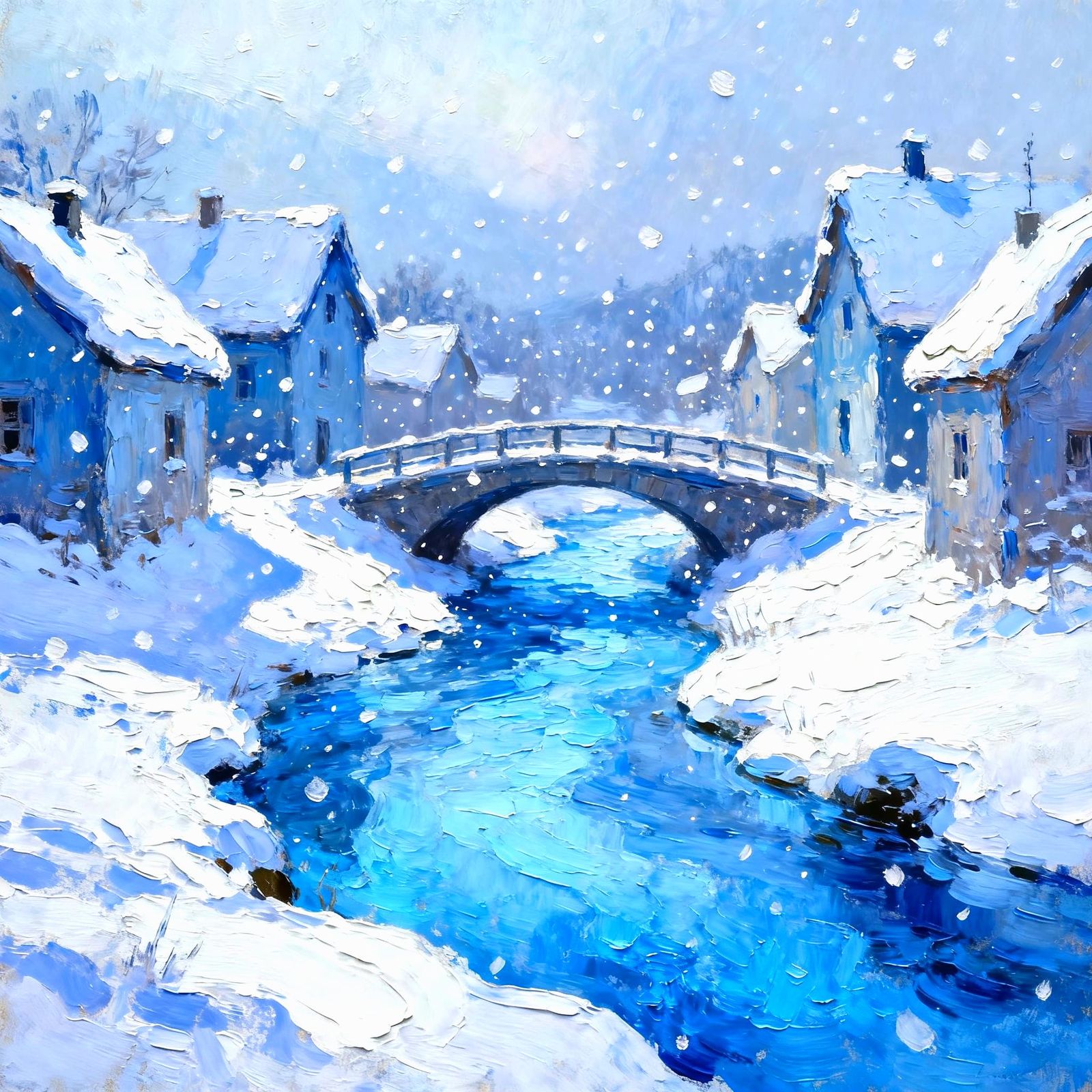 Impasto Painting of Snowy Fantasy Town with Frozen Stream