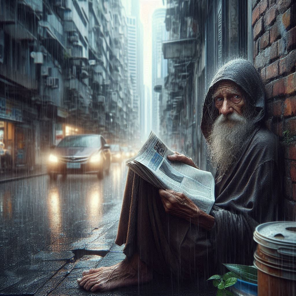An Old Man Under The Rain