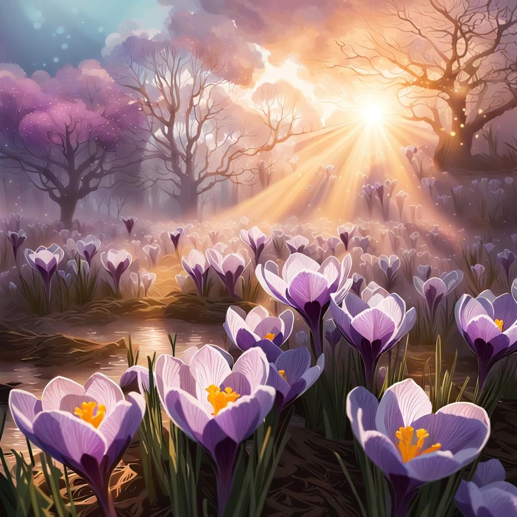 closeup of a crocus blooming  in springtime, sunbeams shine through clouds as the sunrises in a misty ...  by @tttggg