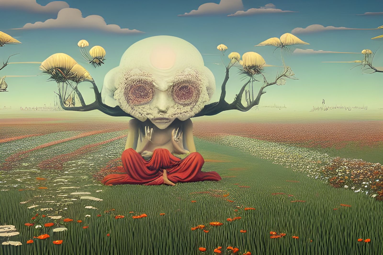 Gigantic Meditating Figure in Flower Field