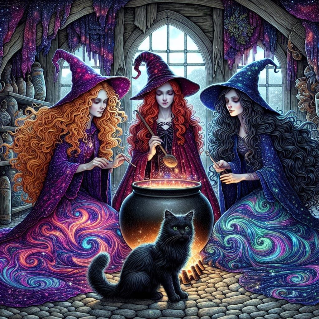 3 Beautiful witch sisters around a cauldron