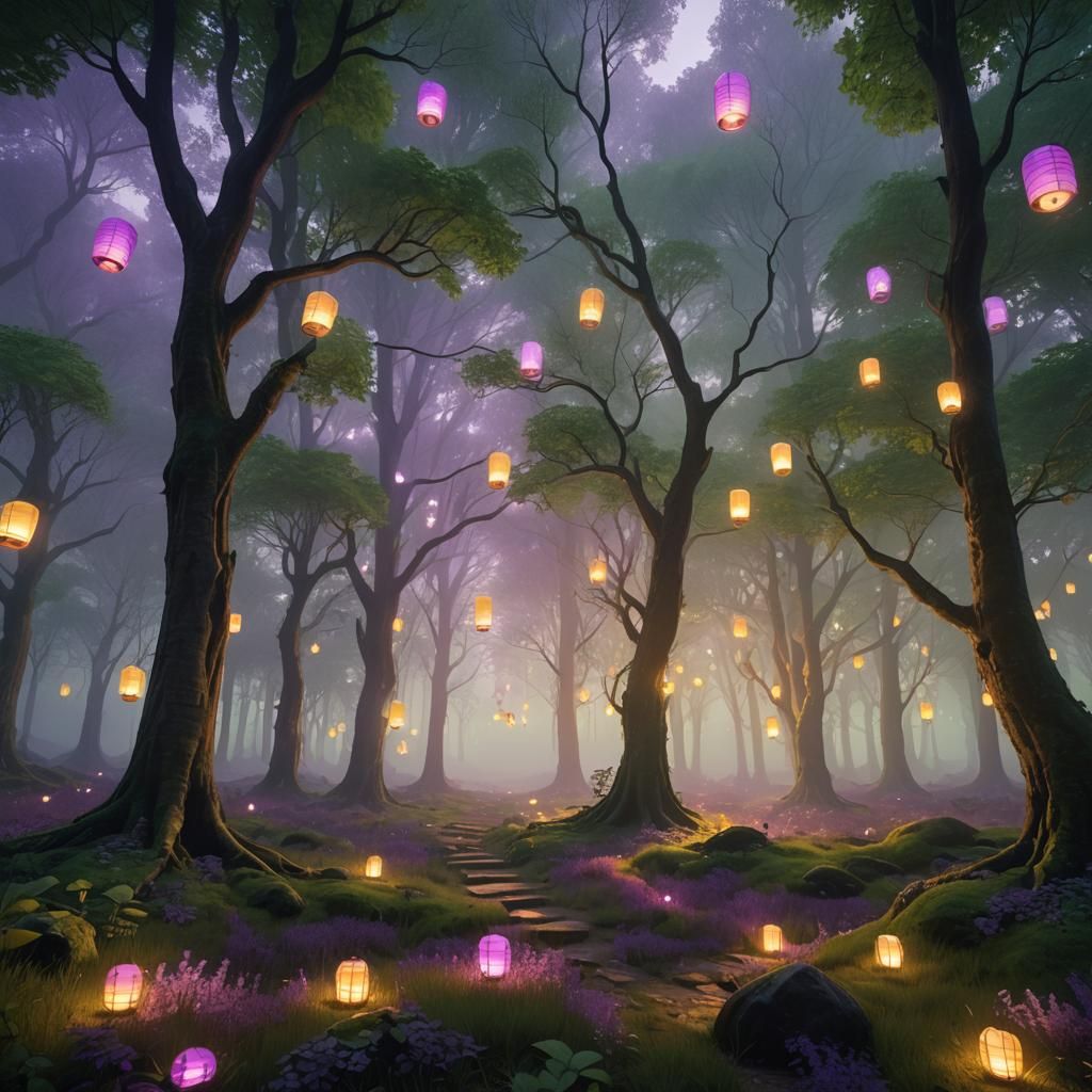 Dreamlike Forest Glade with Floating Lanterns