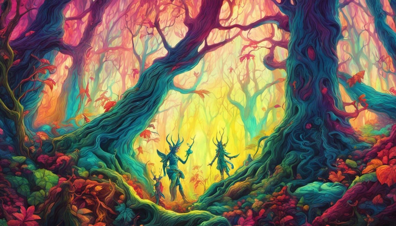 wood elves having psychedelic daydreams in a psychedelic fan...