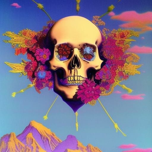 Skeleton with heart inside and flowers growing in long hair,...