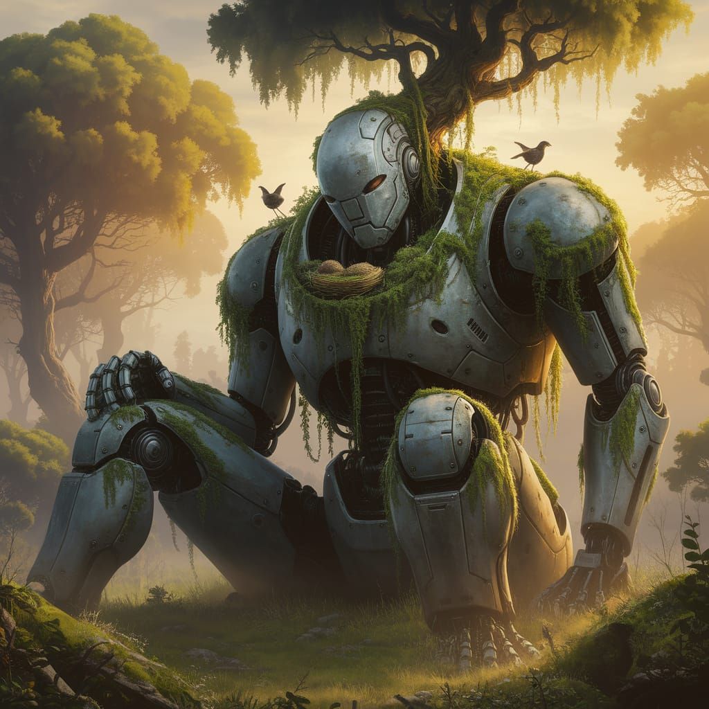 🌿 «Bloom of the Machine»

Description:

A giant robot covered in moss and vines sleeps in the forest like an ancient deity. A tree has grown...