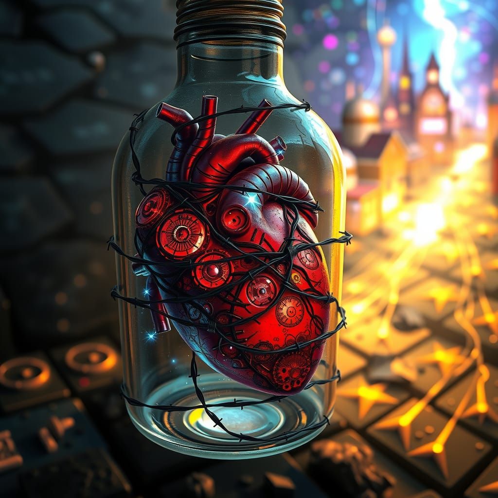 A human heart in a bottle, the veins and arteries extending ...