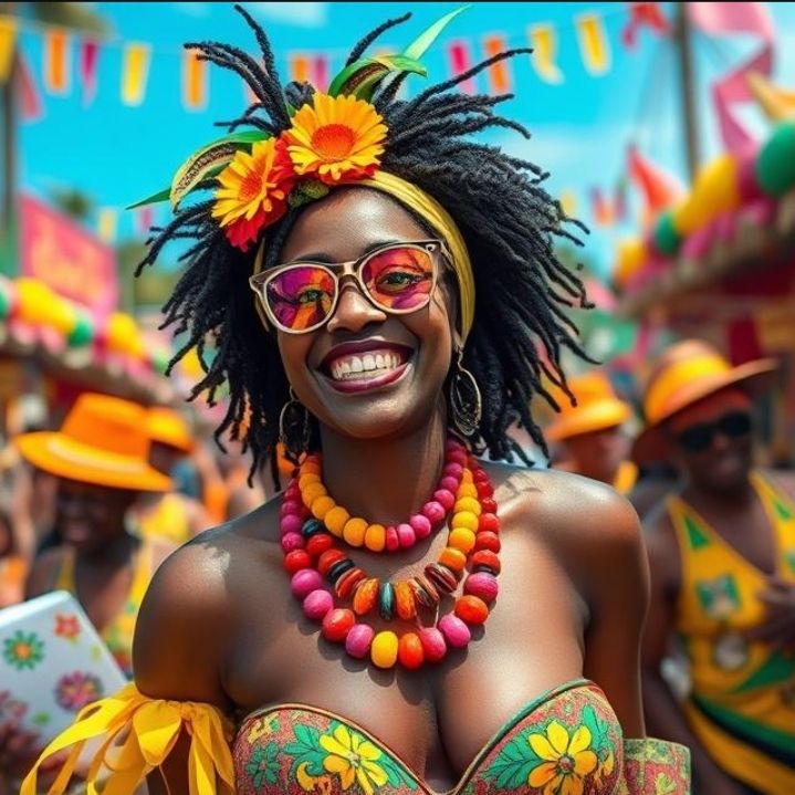 A BLACK  JAMAICAN WOMAN AT CARNIVAL IN THE CARIBBEAN.