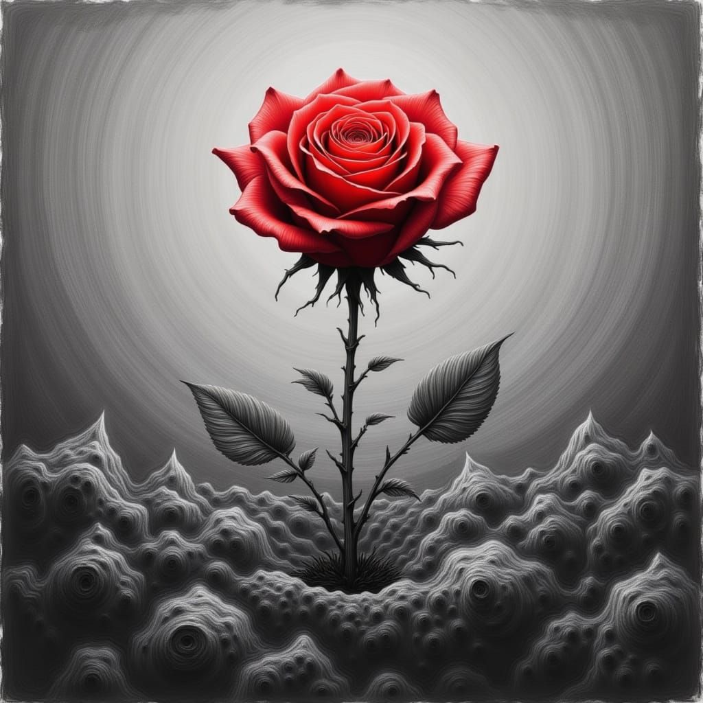 <lora:Graphite Rose 1:1.0> A red rose stands out as his  emotion against the graphite grayscale of forced identity ,