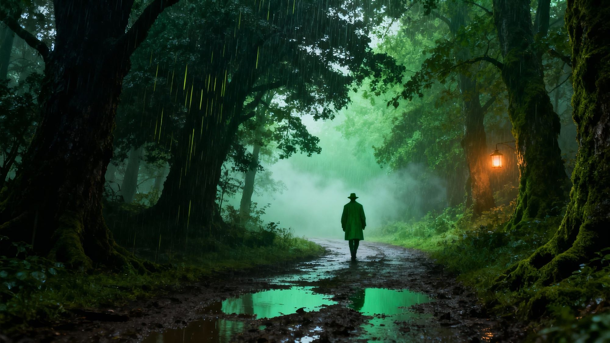 A mysterious figure walks alone through a rain-soaked forest path.