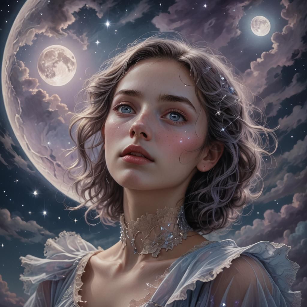 Woman with Mirror Eyes Gazing at Starry Night