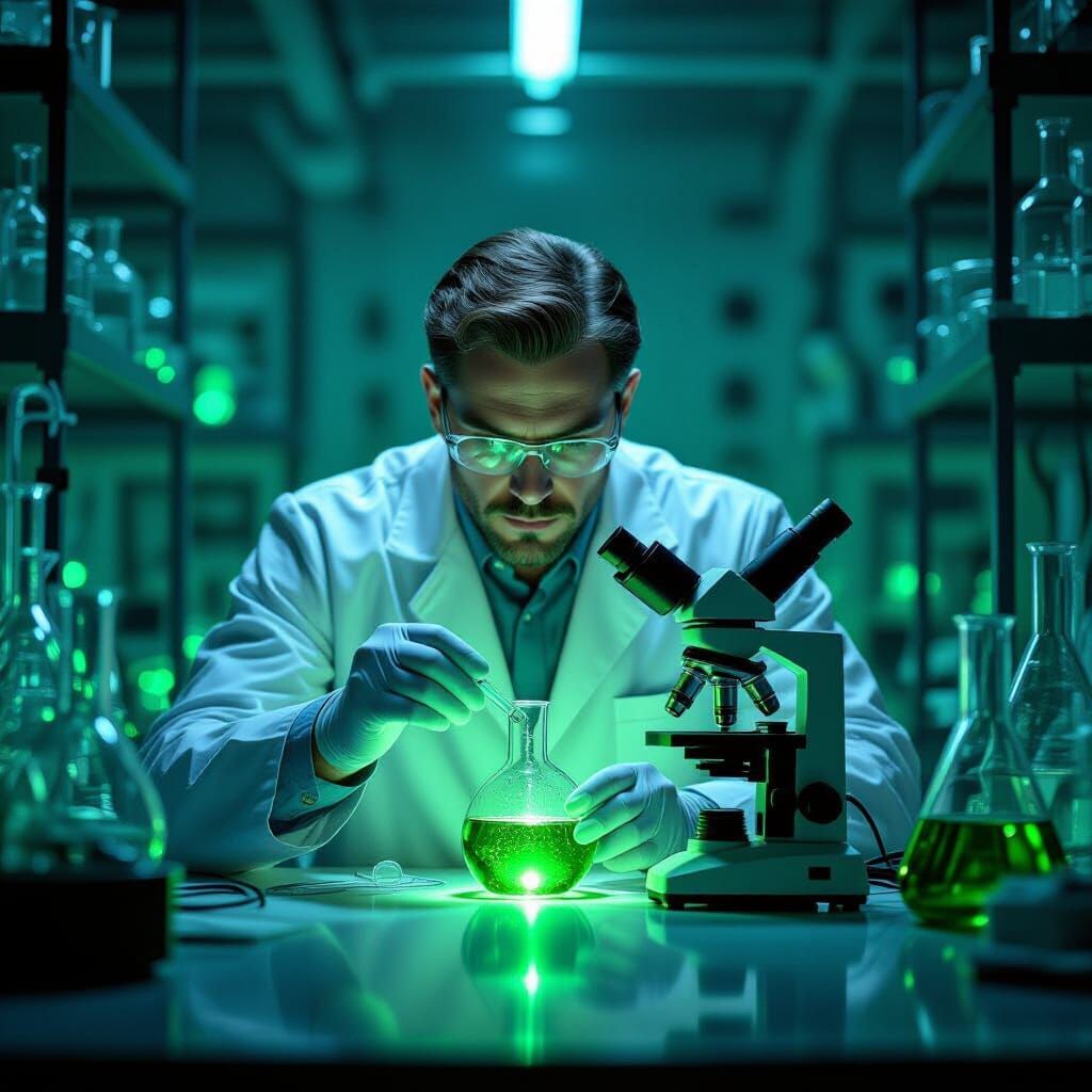 Professor Examines Glowing Test Tube in Chaotic Lab