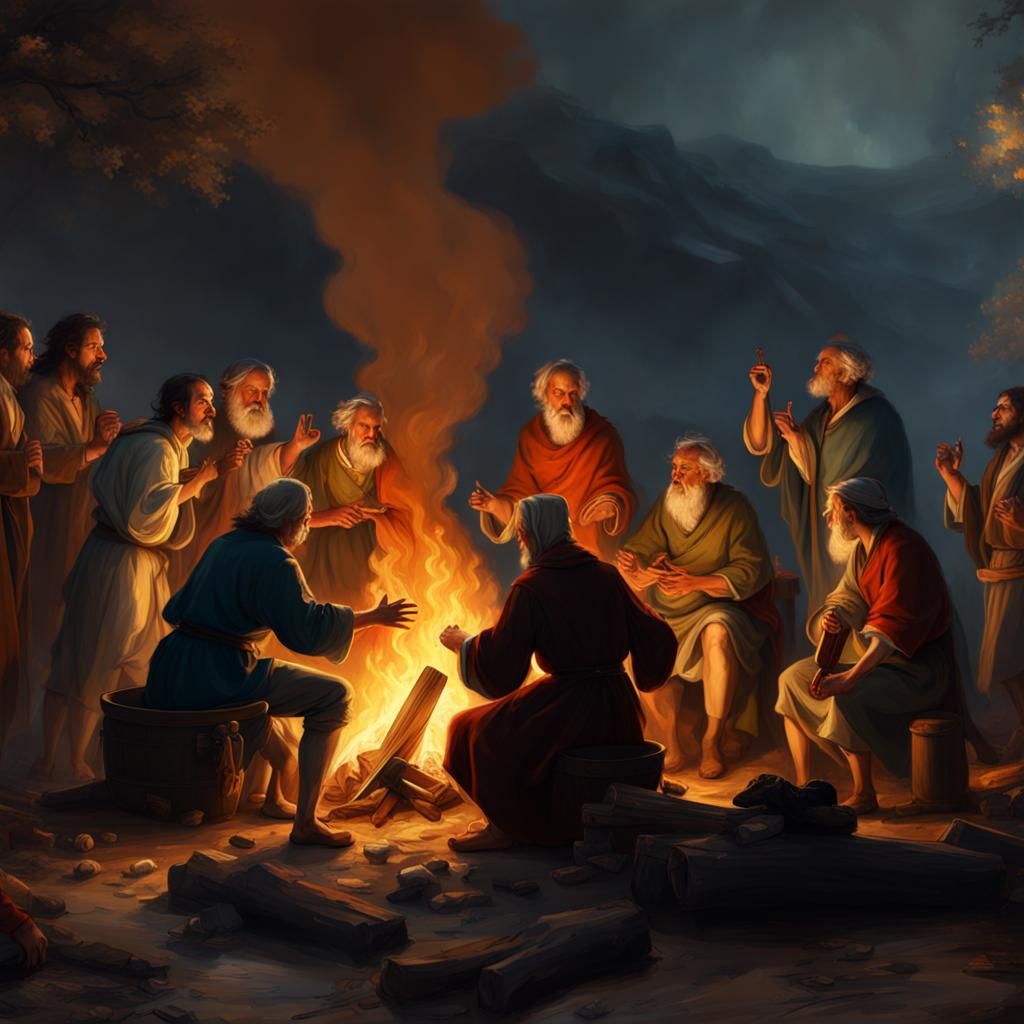 the apostles arguing around a camp fire, painted by Goya - AI Generated ...