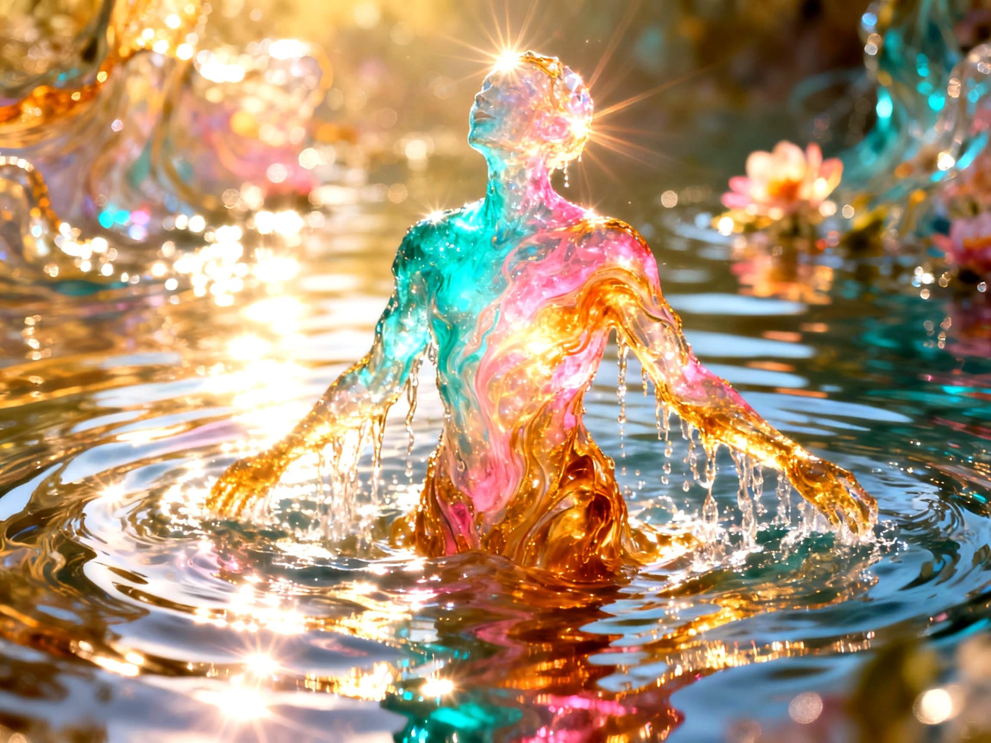 A luminous humanoid figure formed from cascading water, liquid gold, and glowing plasma, its surface alive with color and motion. Vibrant hu...