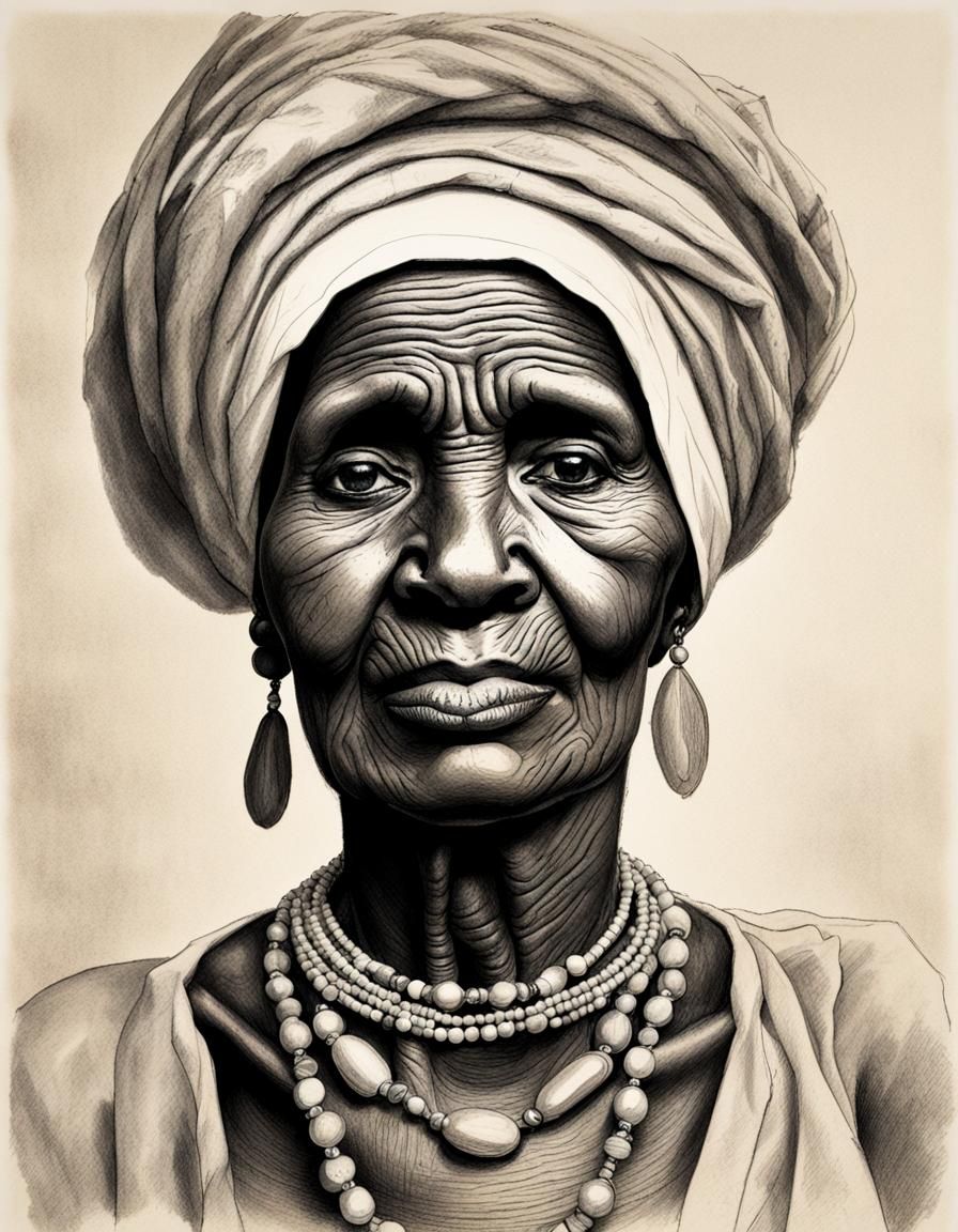 Portrait of an elderly Sudanese woman with traces of age etched into ...