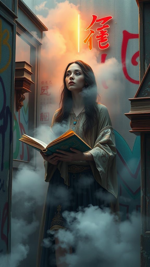 The calligraphy of my pain works healing magic graffiti art, splash art, street art, spray paint, oil gouache melting, acrylic, high contras...