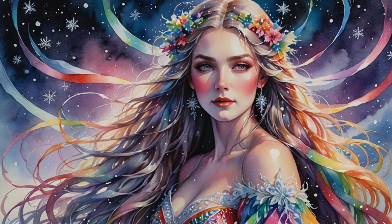 Glowing Santa Goddess Among Frosty Landscape in Aquarell Pai...