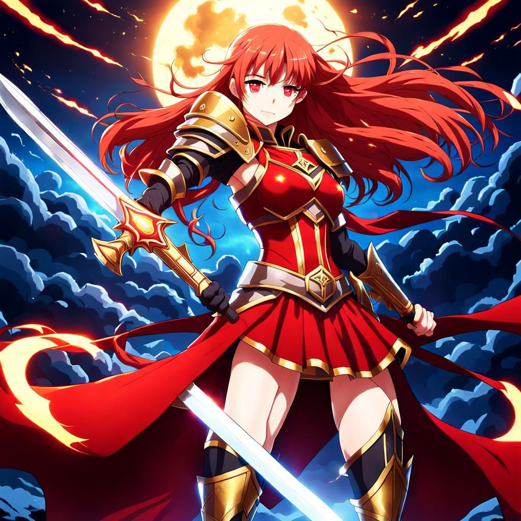 Full body female warrior in perfect figure with long red hai...