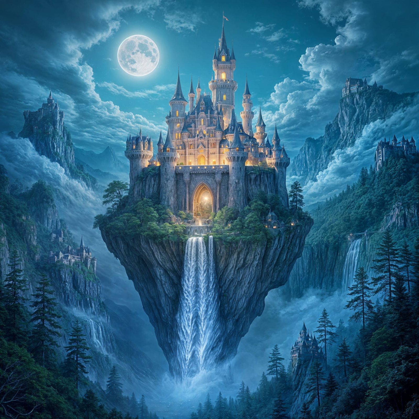Fantasy Castle Floating Above Moonlit Forest