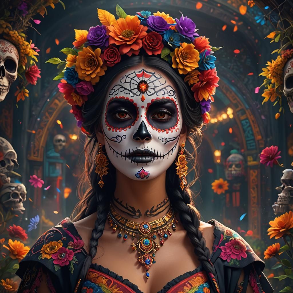 Medium shot of a beautiful woman wearing colorful Día de los...
