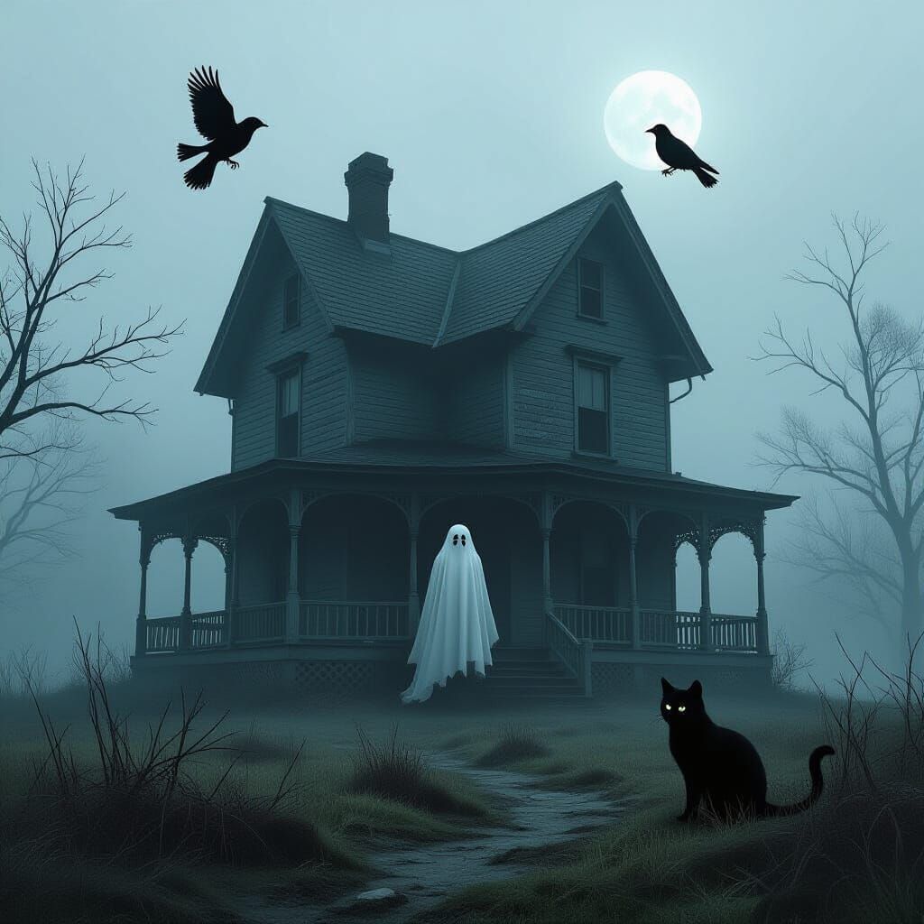 Spooky Abandoned House with Ghost, Bird, and Cat