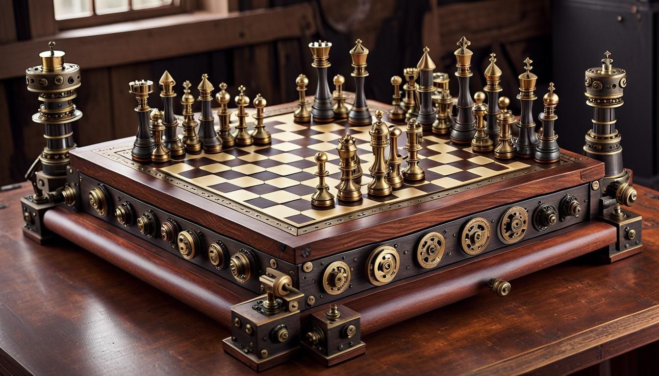 A steampunk-themed chess set, featuring intricate gears, cogs - AI ...