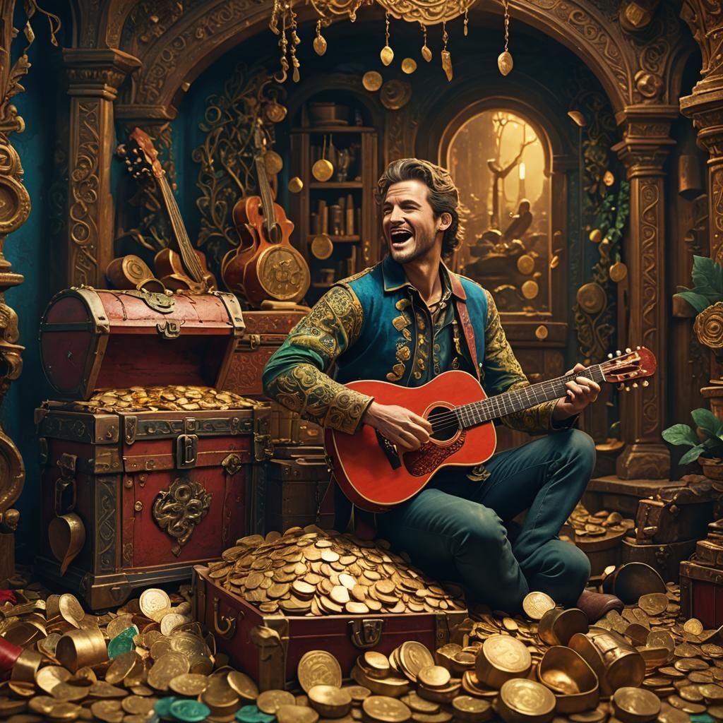 Musician Sings for Treasure Chest in Fantasy Art