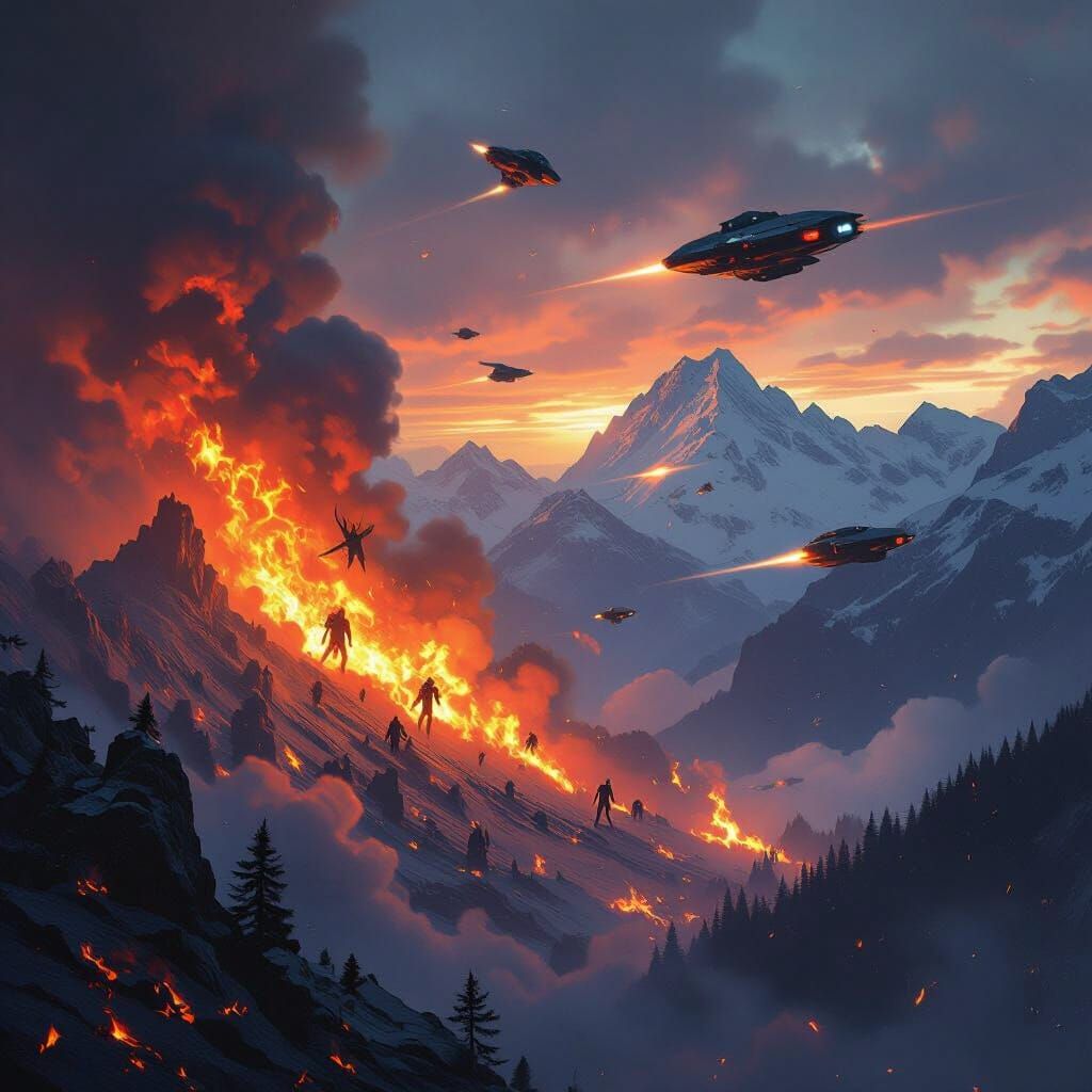 Demonic Creatures and Spaceships Battle Above Burning Alps