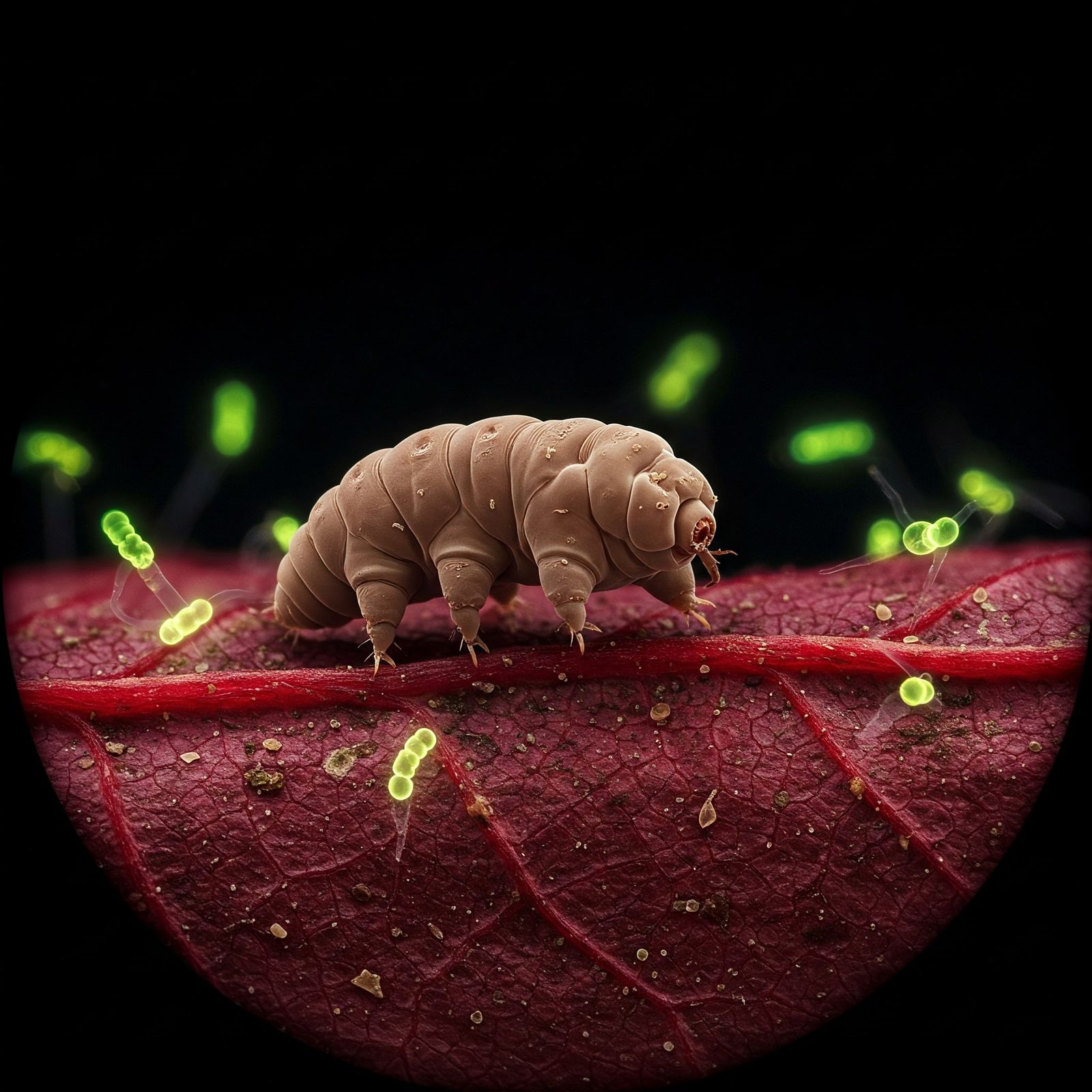 Tardigrade. Decaying Red Leaf. Bioluminescent Paparazzi
