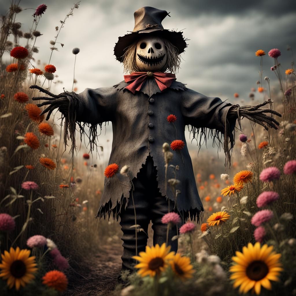 Secret Flower Garden Of A Creepy Scarecrow. - Ai Generated Artwork 