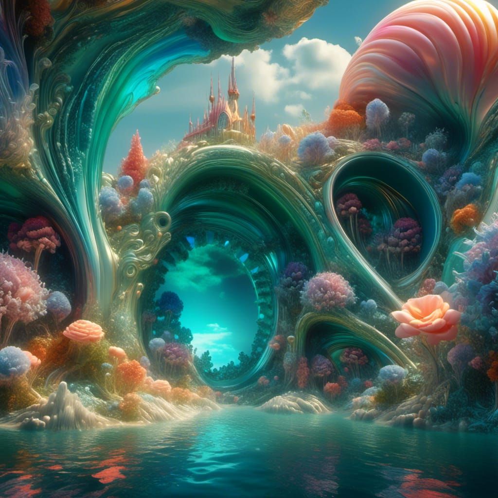 <lora:Halluciscape:1.0>  Electroluminescent beach fairytale scene nested within a massive transparent conch shell, sea life and enchanted la...