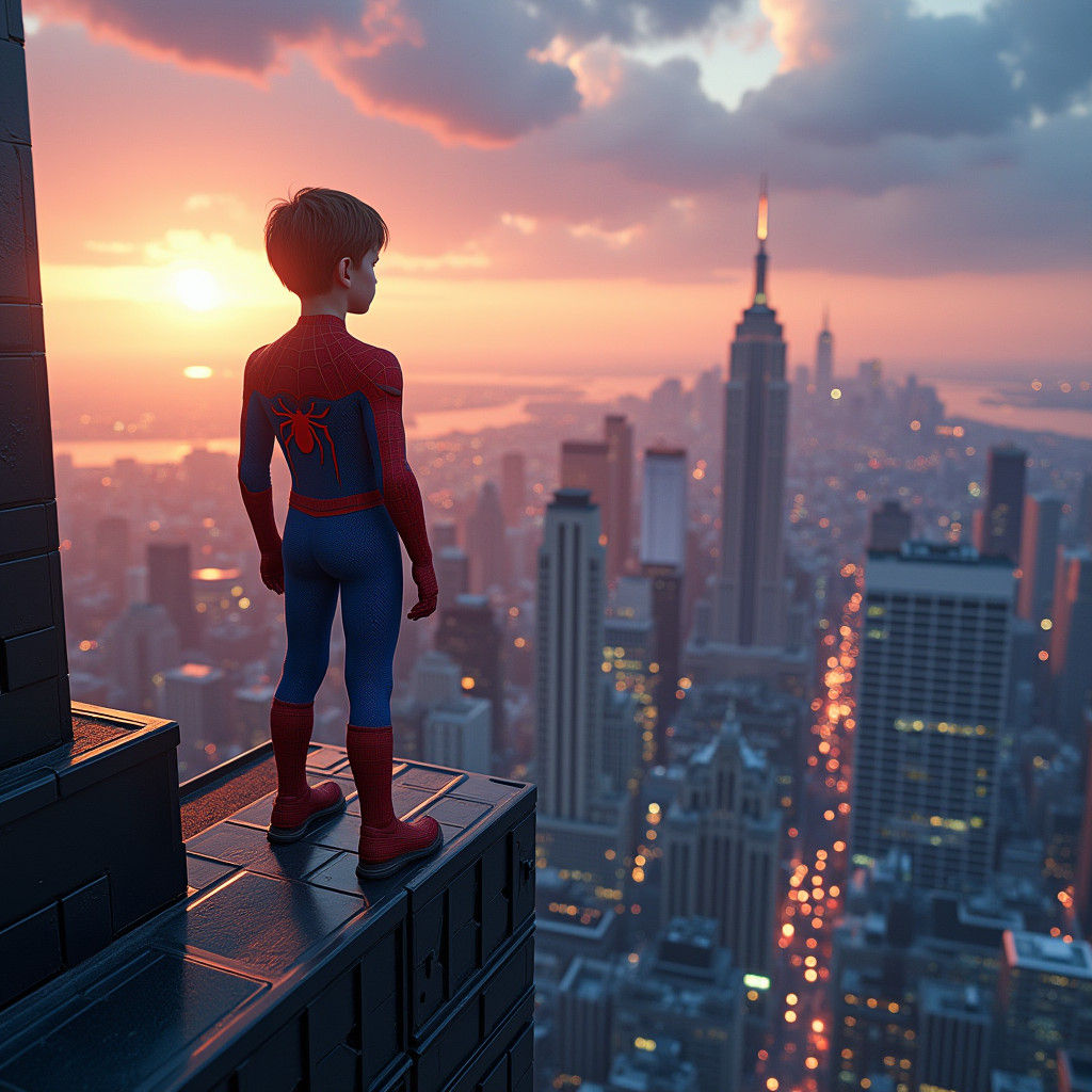 Spiderman Boy Gazing at Metropolis Sunset