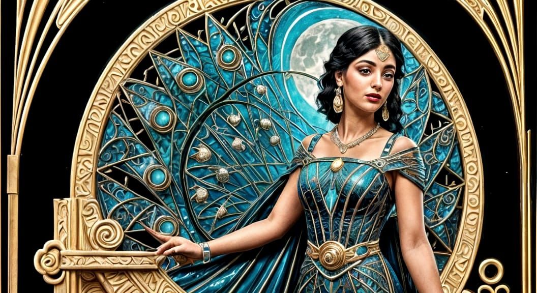 Art Deco Egyptian Woman on Balcony Under Holographic Moon