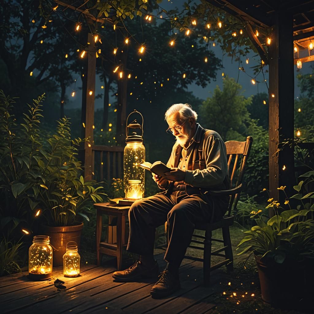 On the veranda an old man reads his book in the light of fireflies locked in a jar. Around him, in the ...  by @Pep