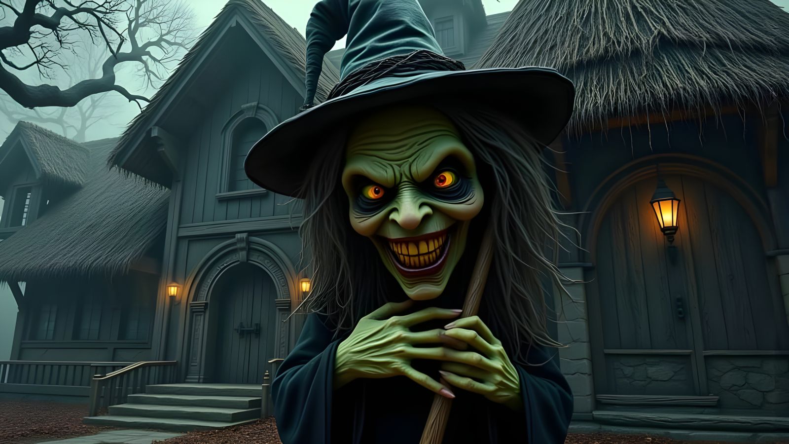 <lora:Wicked Witch:1.0> A grotesque, wizened apple witch head doll, with a twisted, emaciated face, wearing a tattered, pointed witch's hat,...