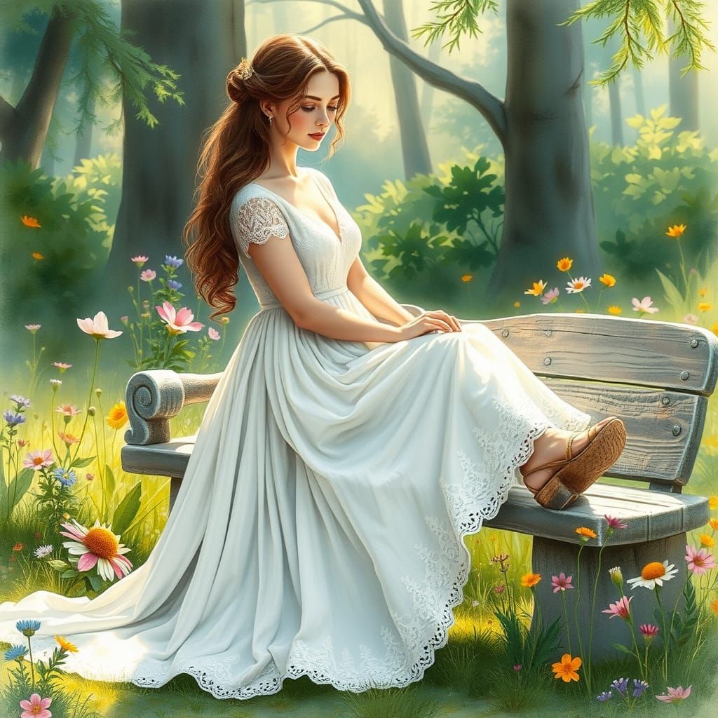 Whimsical Watercolor Woman in a Lush Forest Clearing