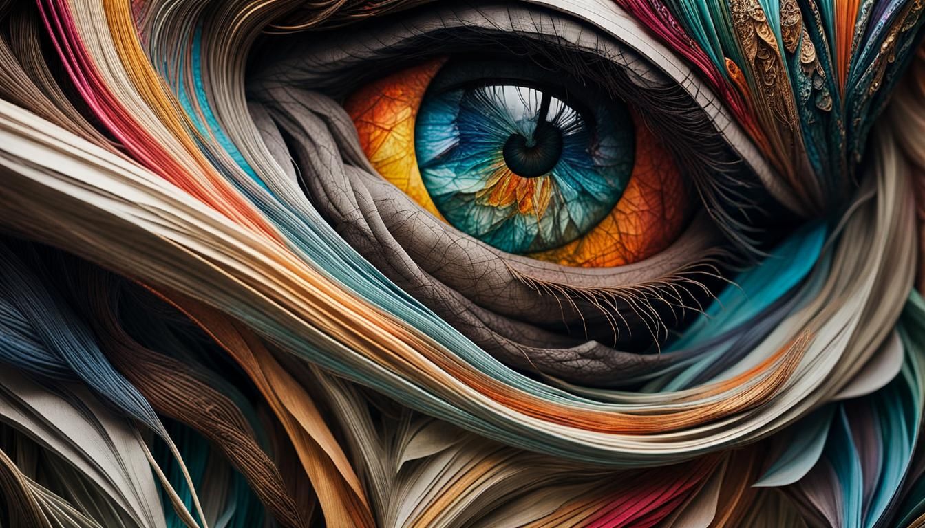Surreal Face Amidst Geometric Wood and Metal