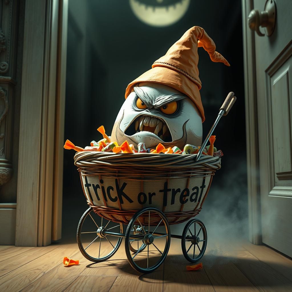 Angry Egg in Halloween Costume: Hyper-Maximalist Art