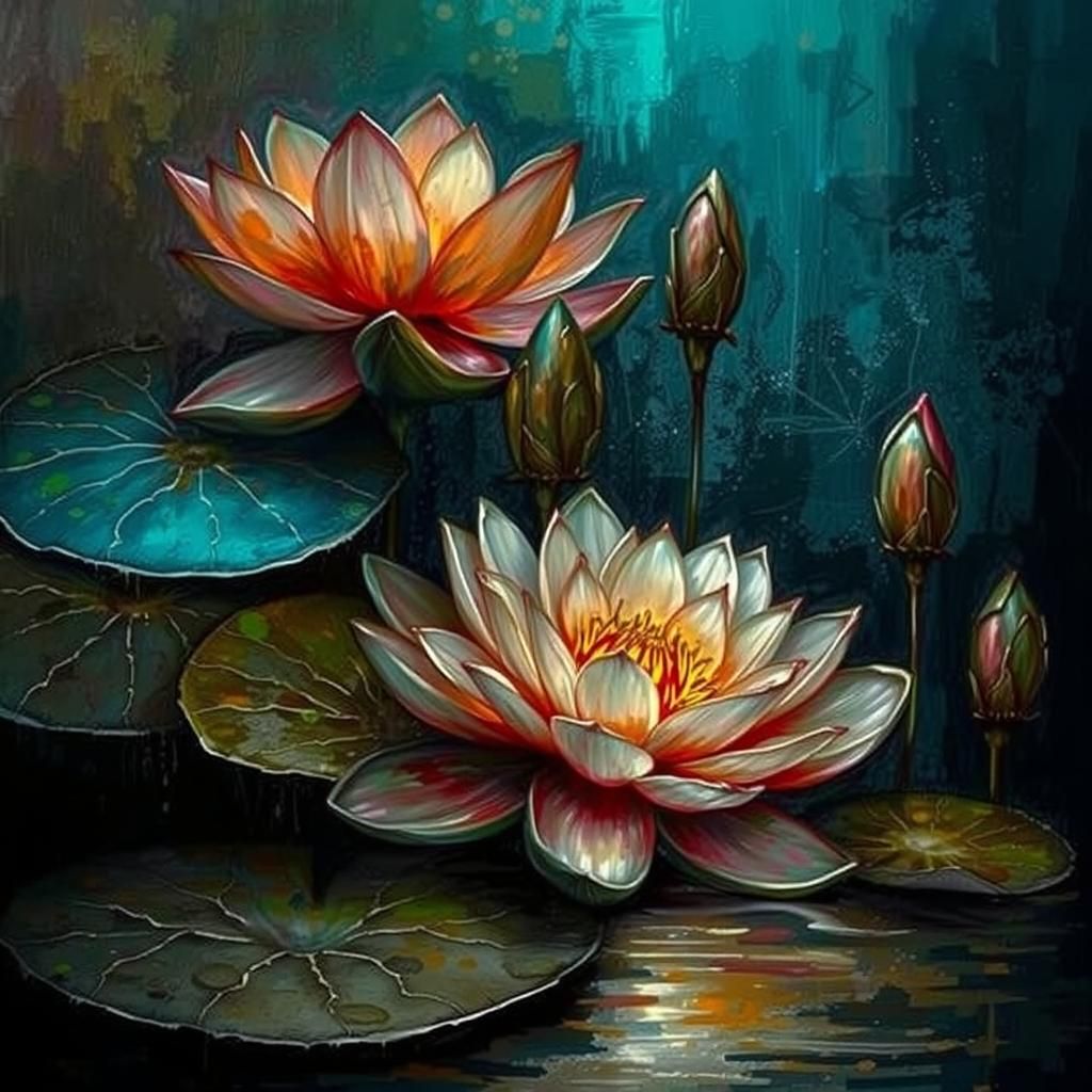 Vibrant pink and purple lotus flowers against a soft, gradie...