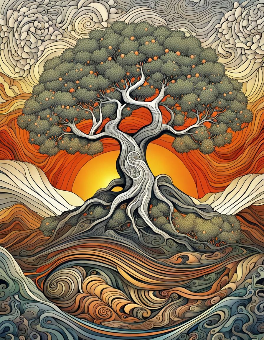 Mother Tree with Volcano in Zentangle Style