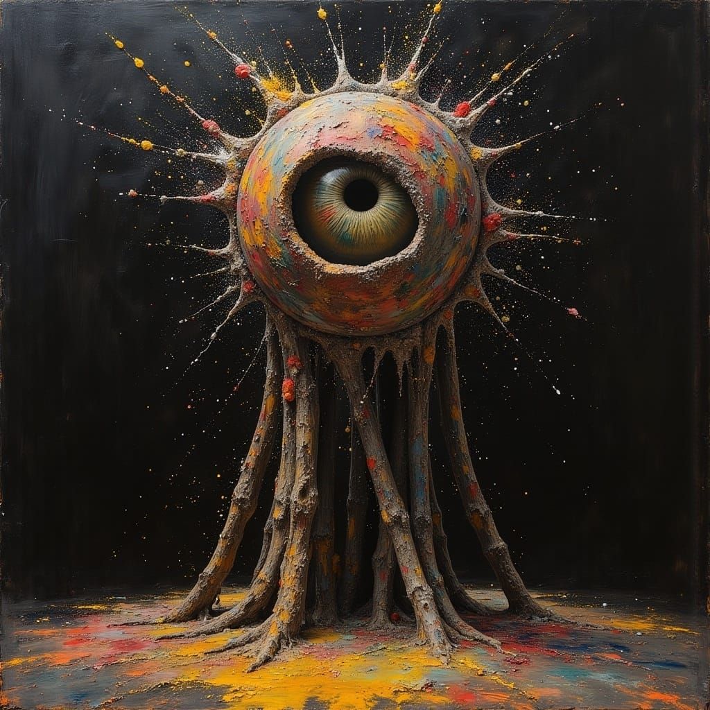 <lora:MJ6 Dark Oil Paint:1.0> Oculus, the All-Seeing Eye: A disembodied eye that watches over the world, seeing all that transpires and reco...