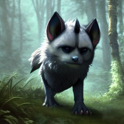 Baby wolf with black eyes, in the forest