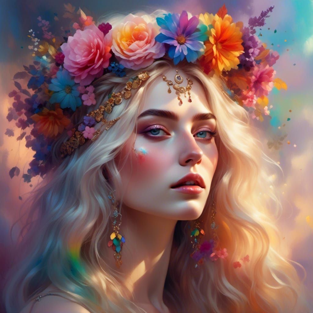 <lora:People and nature:1.0> Young white blonde feminine woman, oval soft woman's face, plump lips, woman with long hair, floral, rainbow fl...
