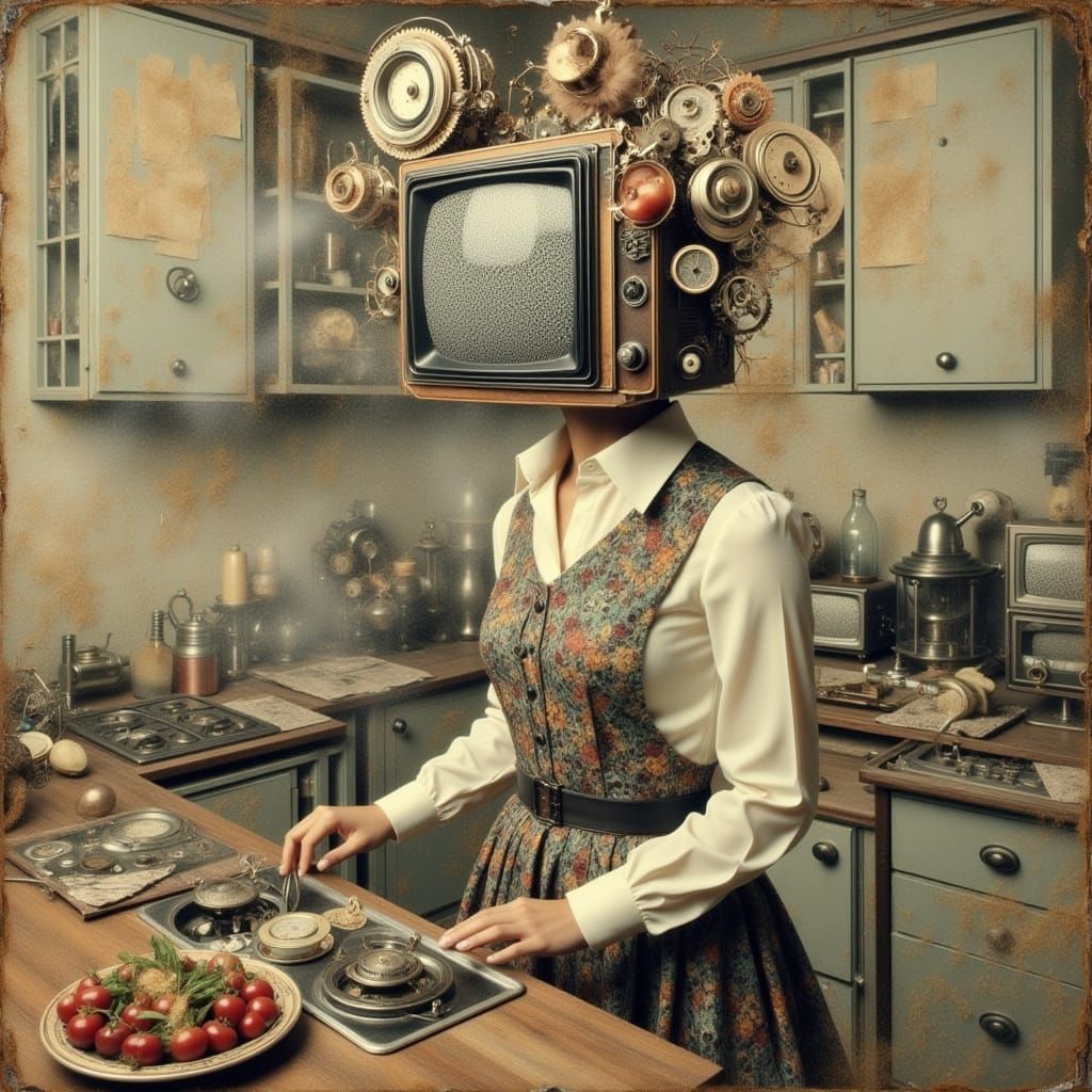 <lora:TVhead:1.0> TVhead woman doing the dishes retro collage
