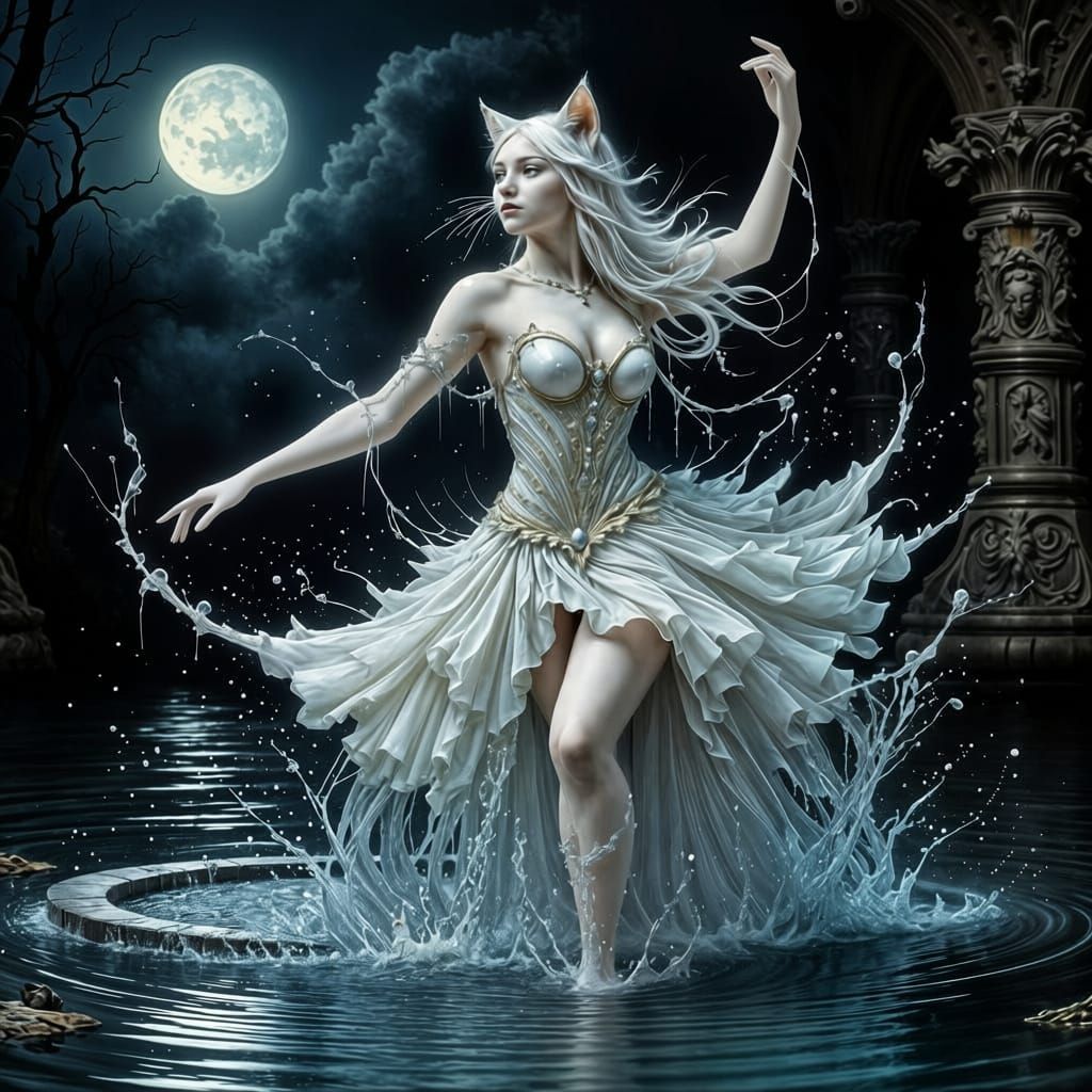 An elegant cat woman performs a graceful water ballet in a moonlit fountain (1)