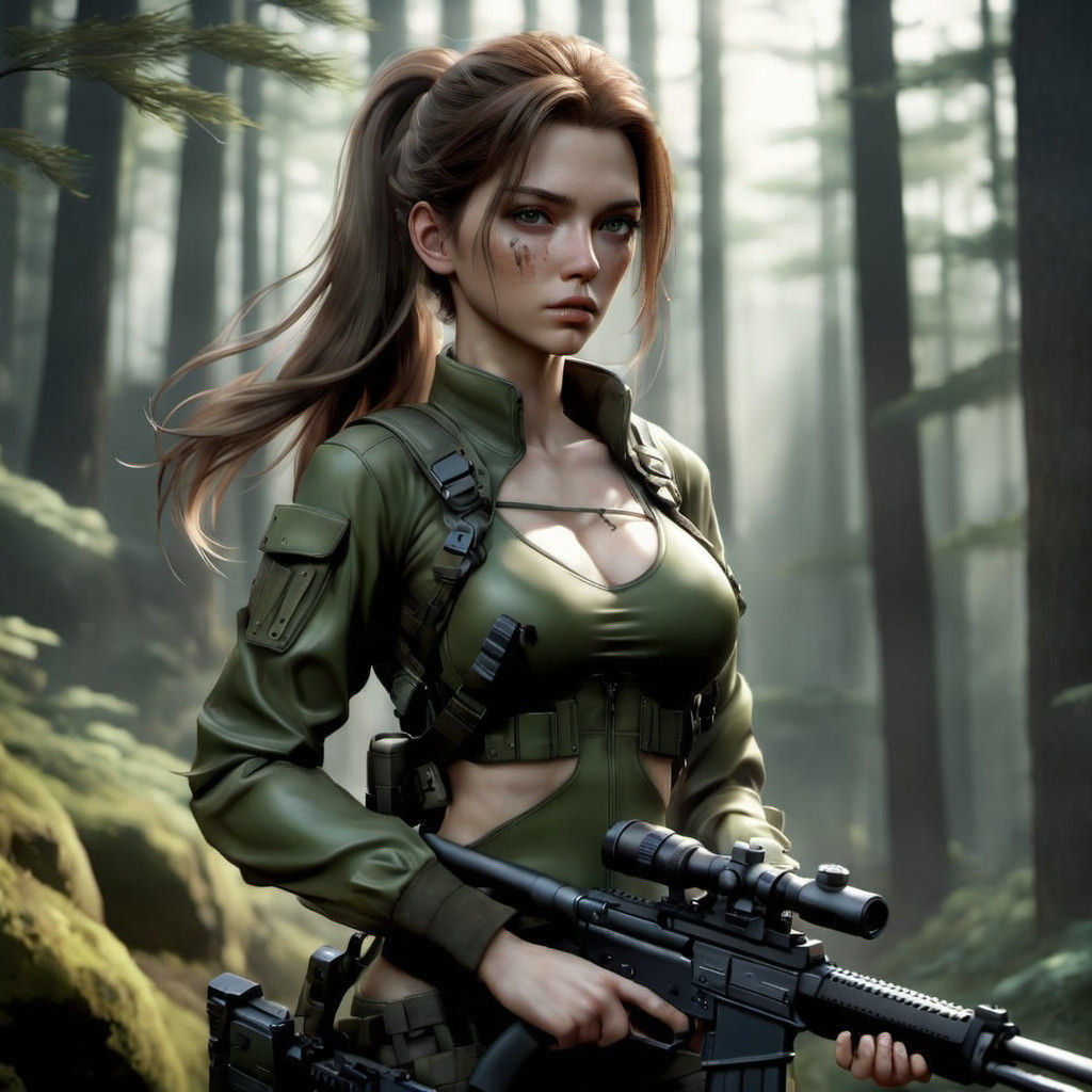 3D anime art. Medium shot. Female soldier, long brown curly hair, ponytail, sports bra, holding a "sniper rifle",detaile...