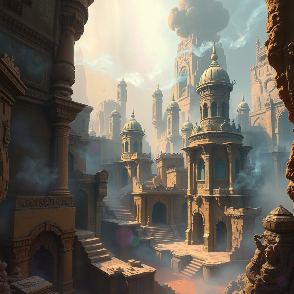 Ethereal Cityscape of Ancient Wonders in Jewel-Toned Majesty